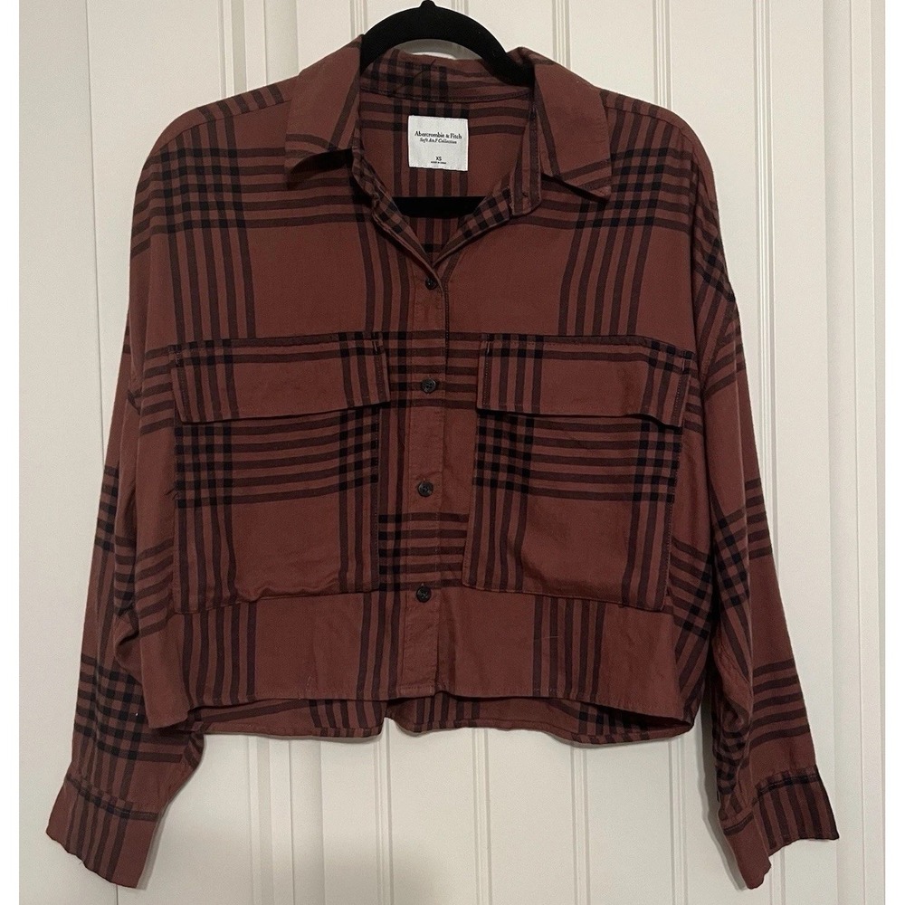 Abercrombie‎ & Fitch Cropped Flannel Rust Red and Black Plaid 90's Size XS